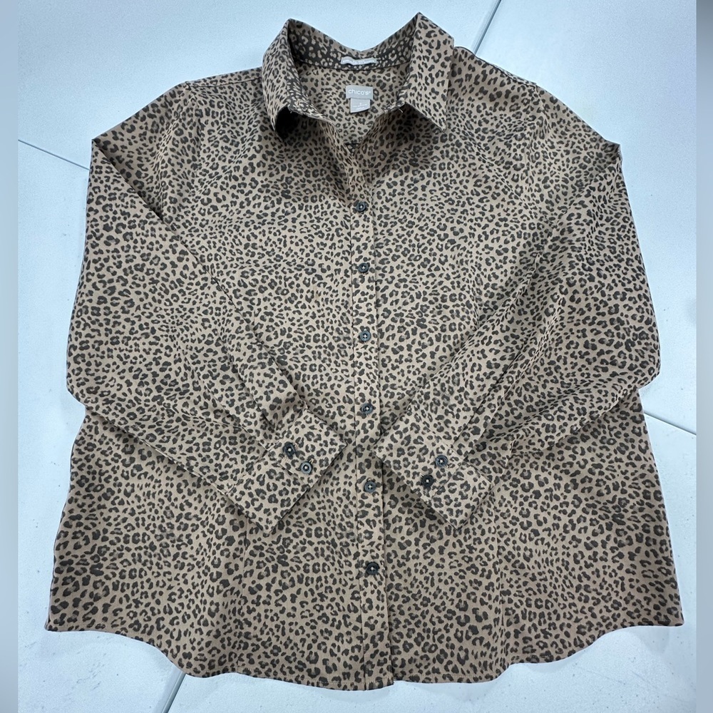 Chico’s No Iron Coolmax Leopard Print Shirt Button Long Sleeve Travel Classic 3 - Picture 6 of 10